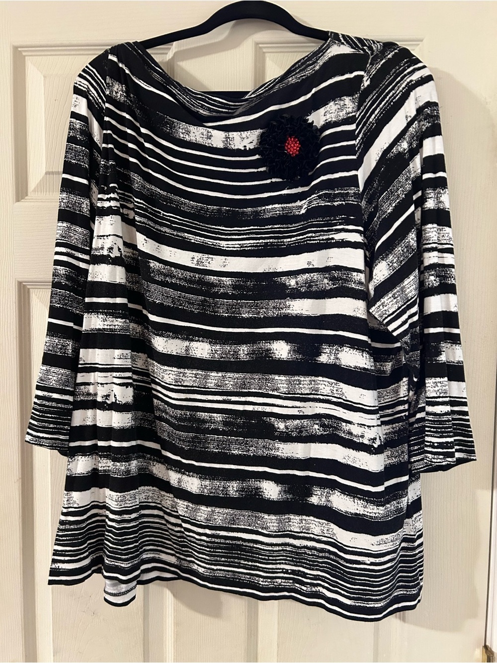 Striped Black & White Women's Top with Accent Flower by Ruby Red